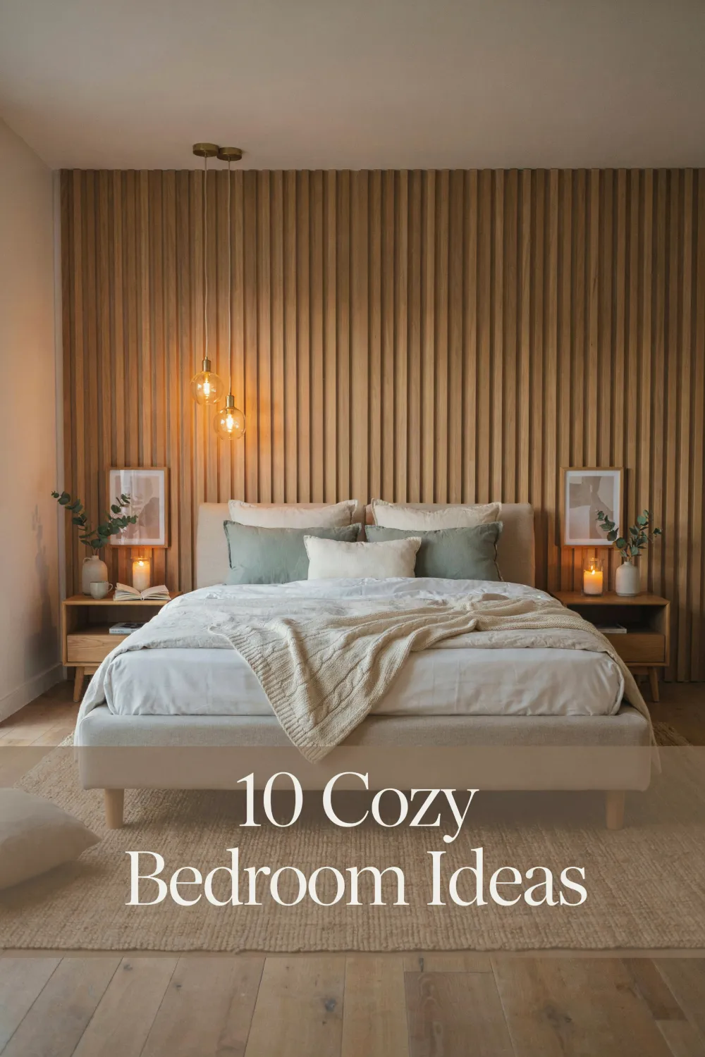 10 Cozy Bedroom Ideas pin with a warm oak slat wall bedroom