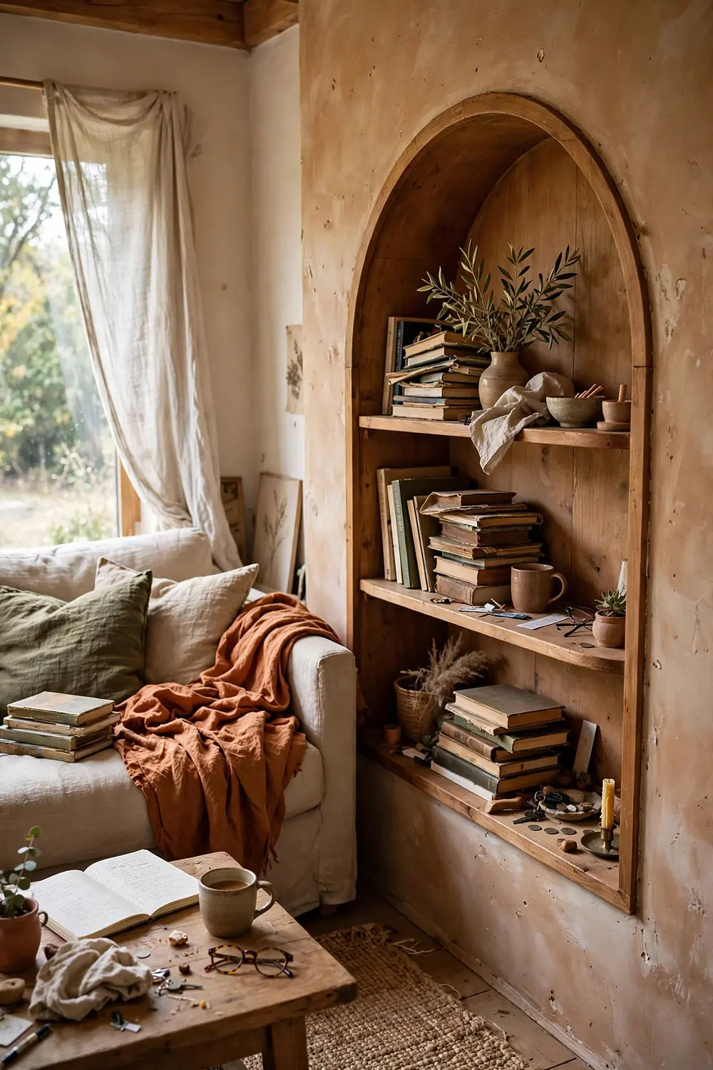 Warm wood earthy living room with an arched wall shelf, woven baskets and terracotta accents