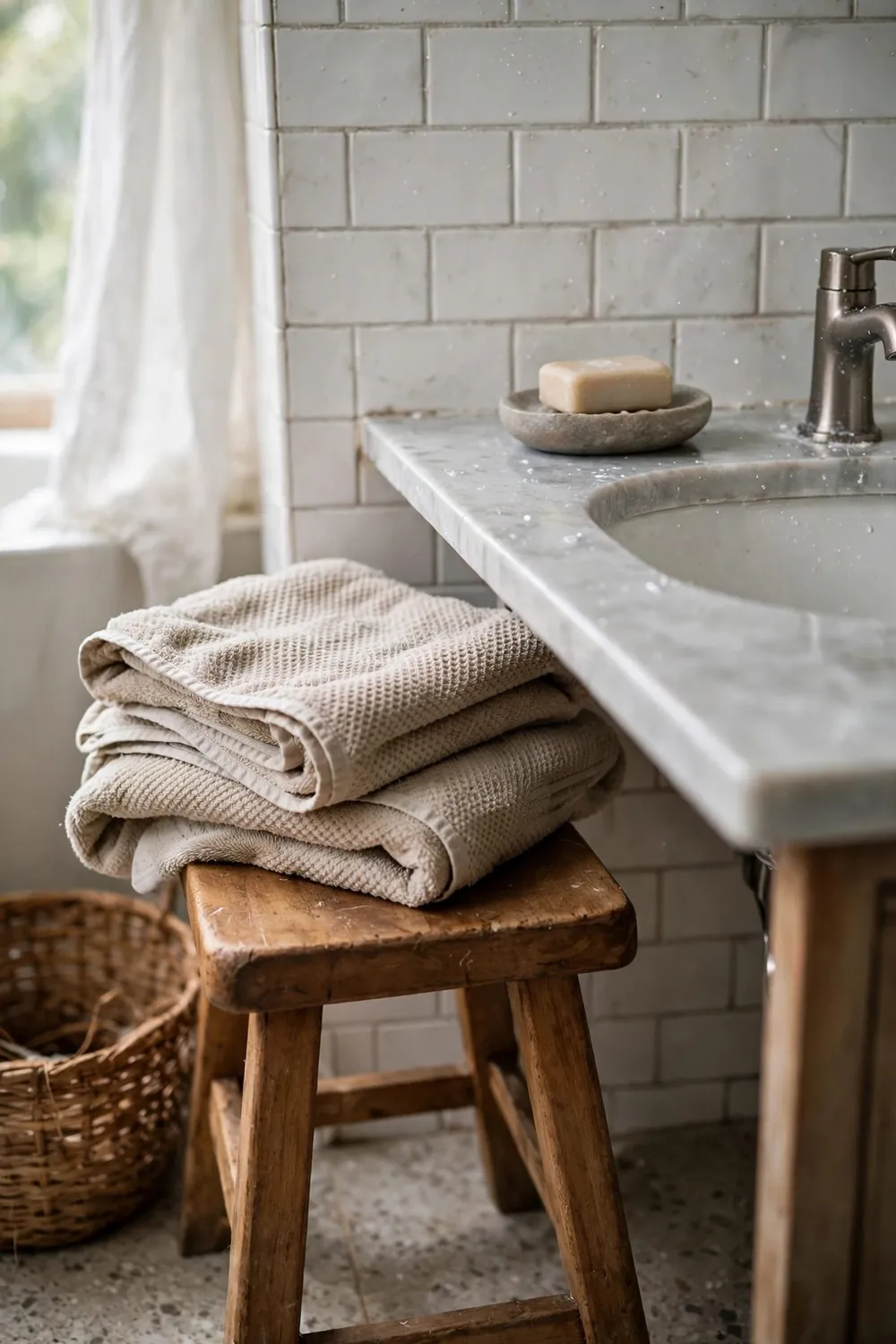 Spa-style bathroom with plants and candles: bring in Natural Texture With Wood and Stone
