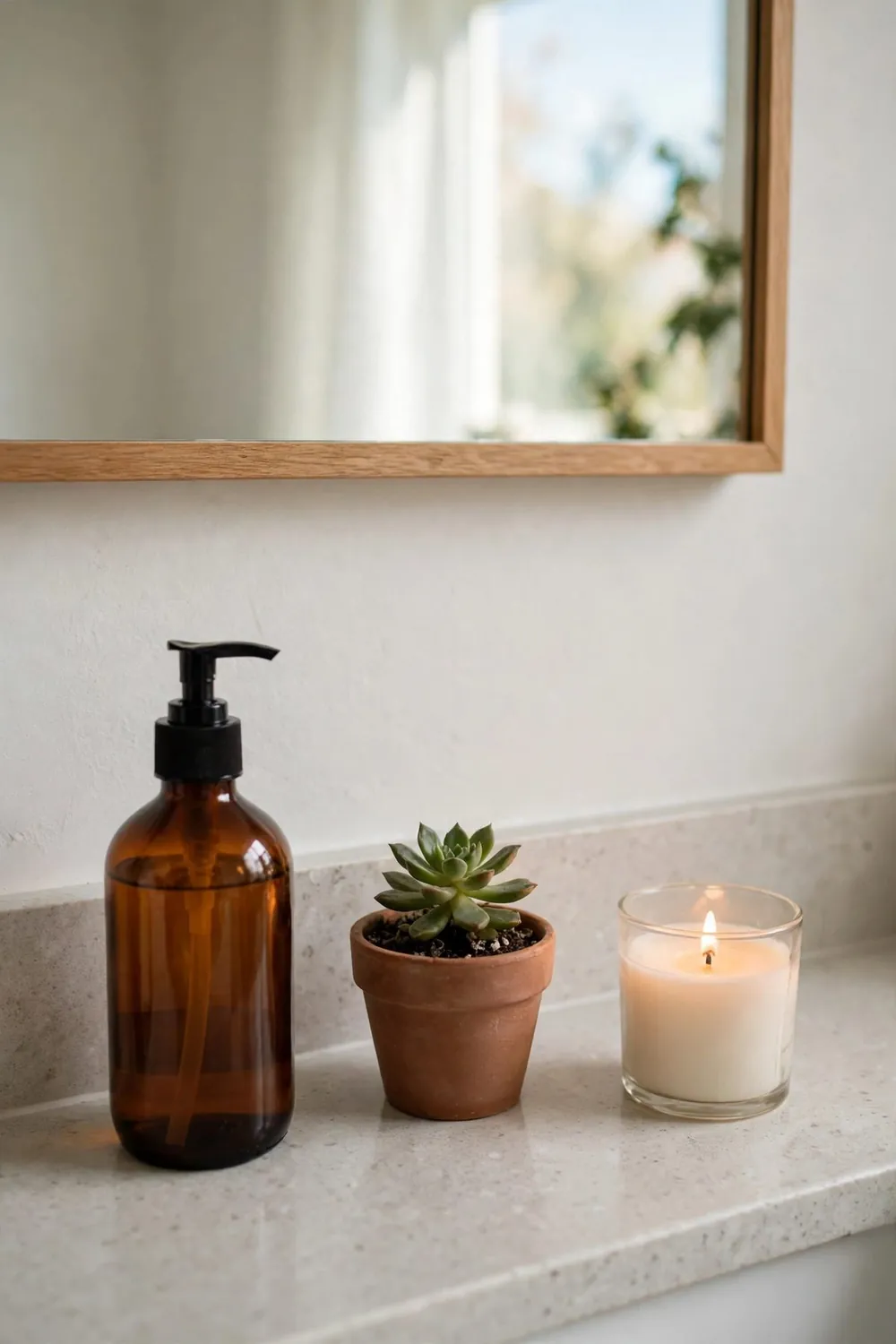 Spa-style bathroom with plants and candles: clear the Counters Down to the Beautiful Basics