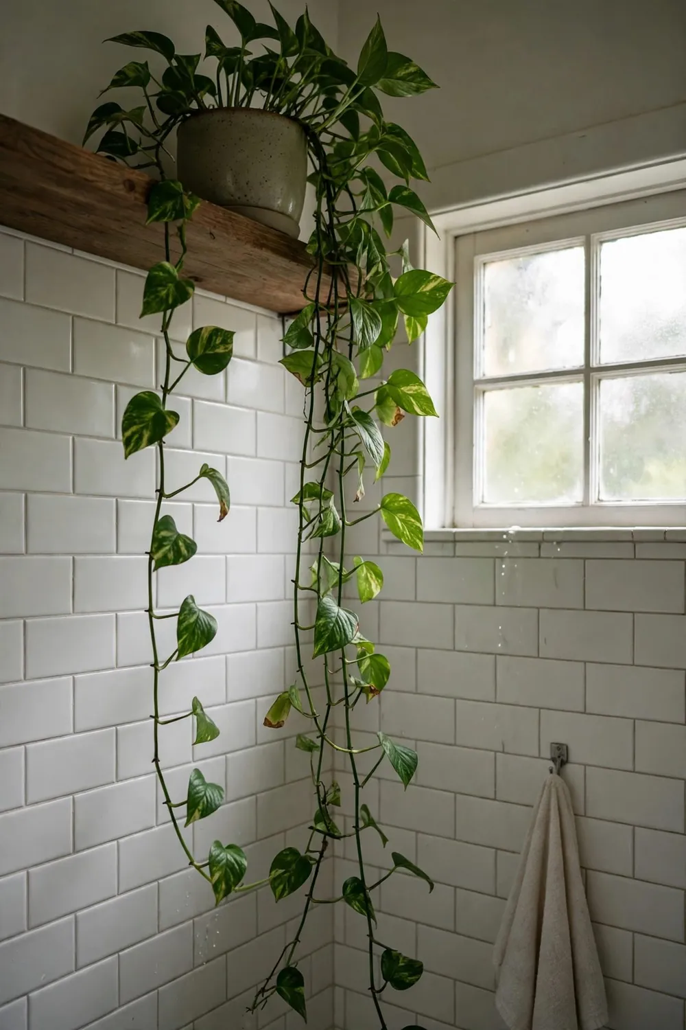 Spa-style bathroom with plants and candles: trail a Pothos From a High Shelf