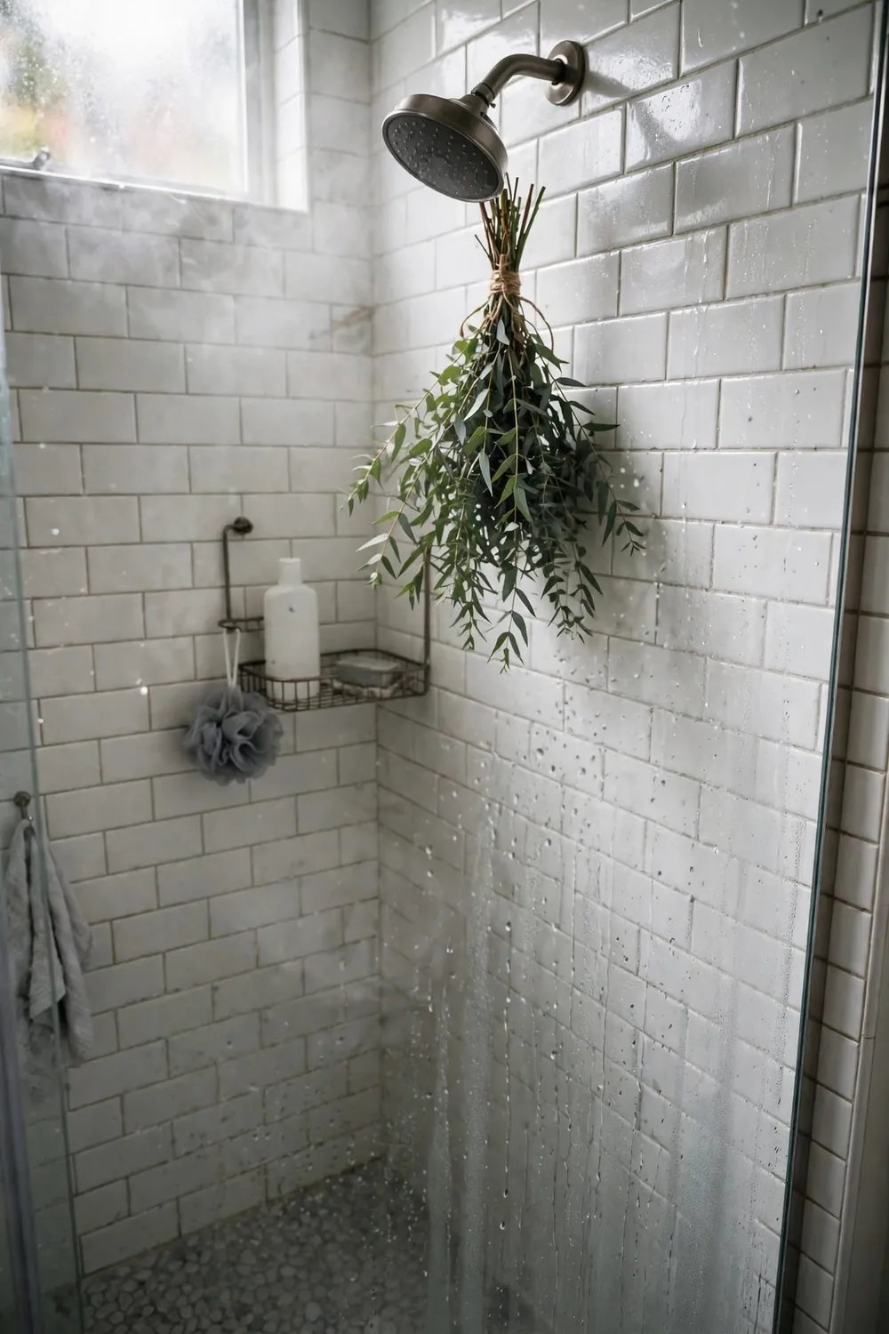 Spa-style bathroom with plants and candles: hang Eucalyptus in the Shower