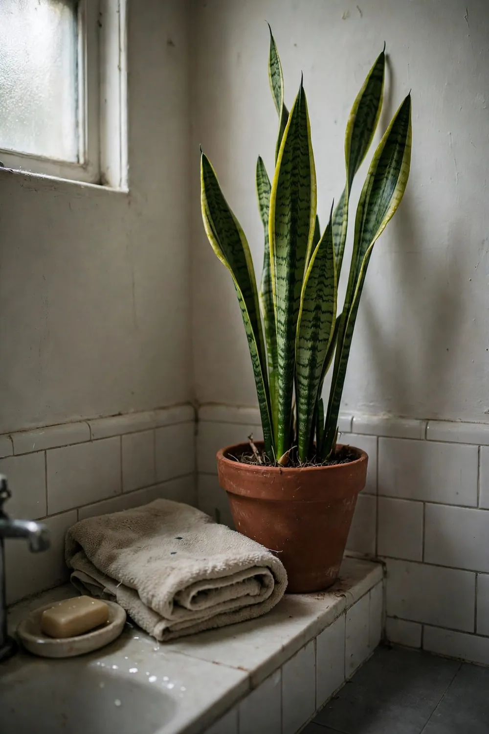 Spa-style bathroom with plants and candles: stand a Snake Plant in a Dark Corner