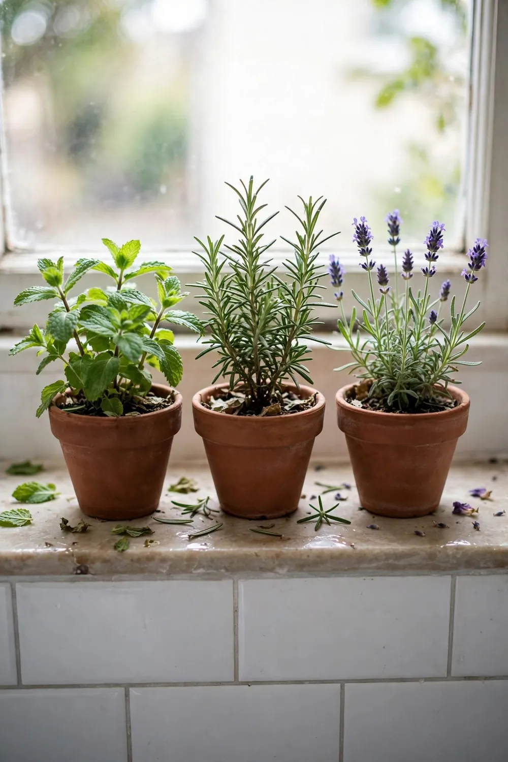 Spa-style bathroom with plants and candles: line Up Small Herbs by the Window