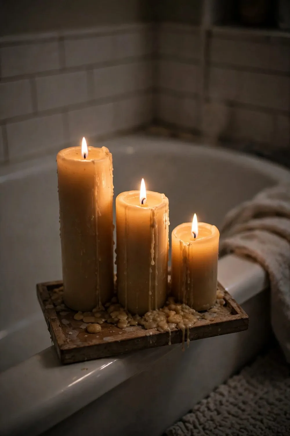 Spa-style bathroom with plants and candles: cluster Candles in Groups of Three