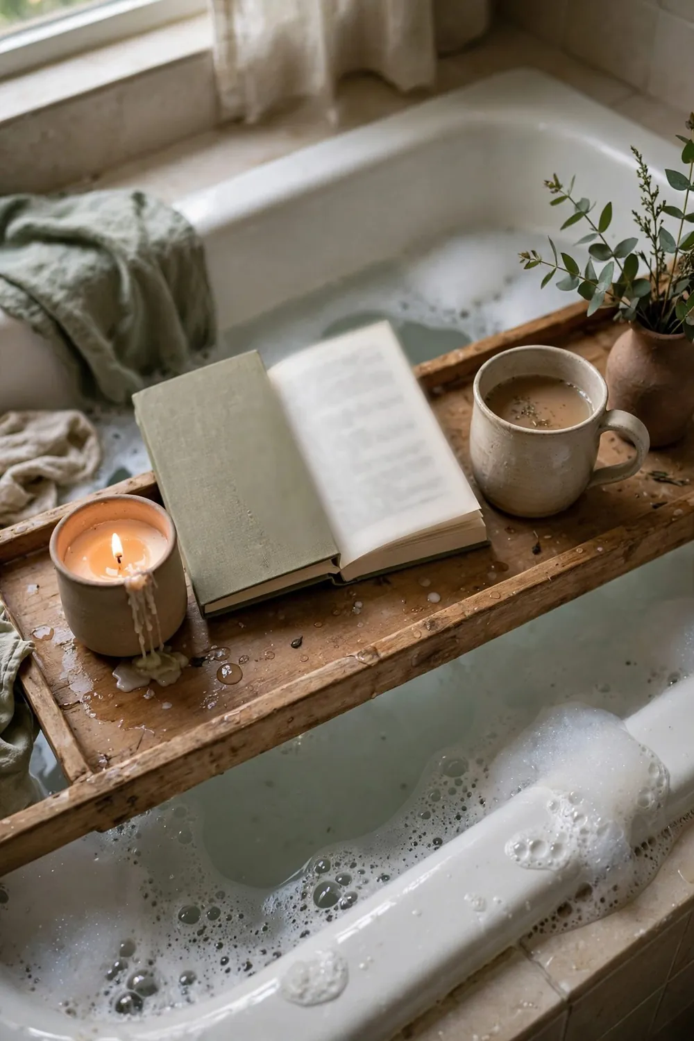 Spa-style bathroom with plants and candles: use a Wooden Bath Tray Across the Tub