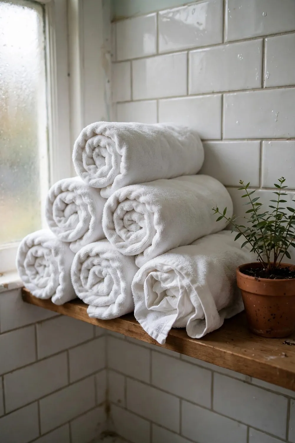 Spa-style bathroom with plants and candles: roll Your Towels Spa-Style