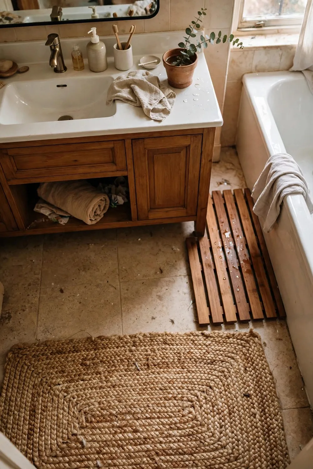 Spa-style bathroom with plants and candles: layer a Soft Rug or Bath Mat in Natural Fibers