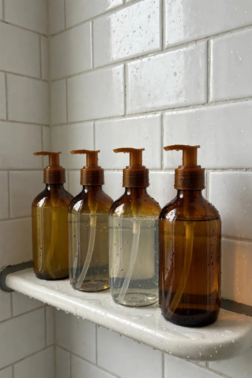 Spa-style bathroom with plants and candles: decant Products Into Matching Amber Bottles