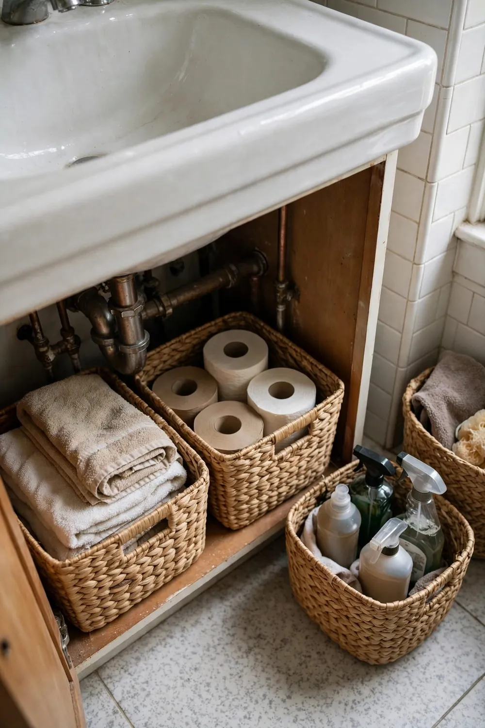 Spa-style bathroom with plants and candles: hide Clutter in Woven Baskets
