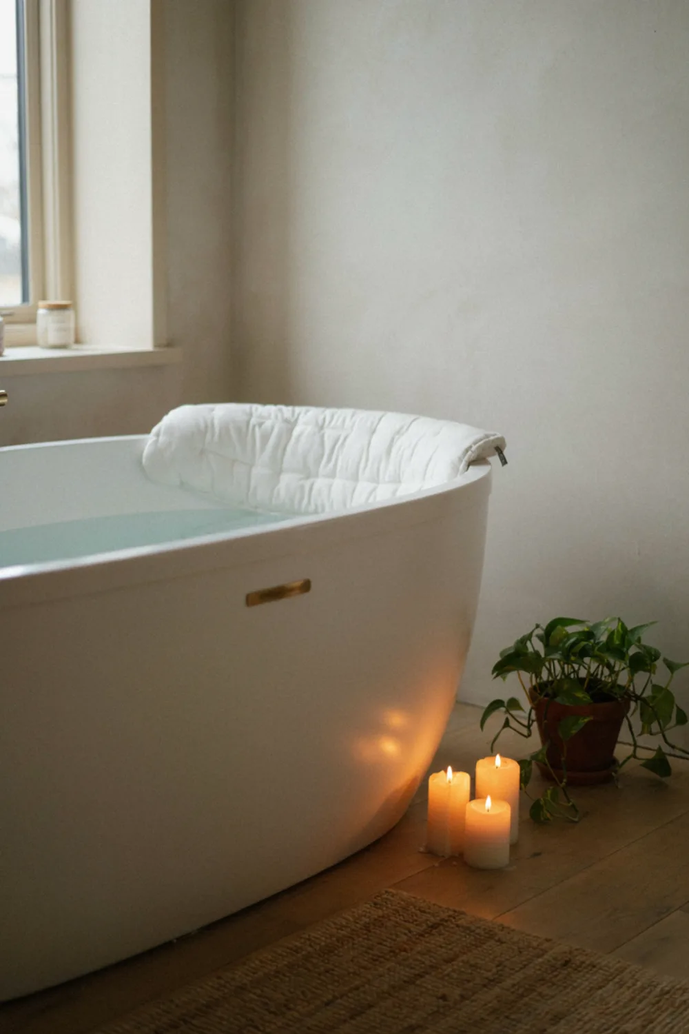 Spa-style bathroom with plants and candles: add a Bath Pillow for Long, Comfortable Soaks