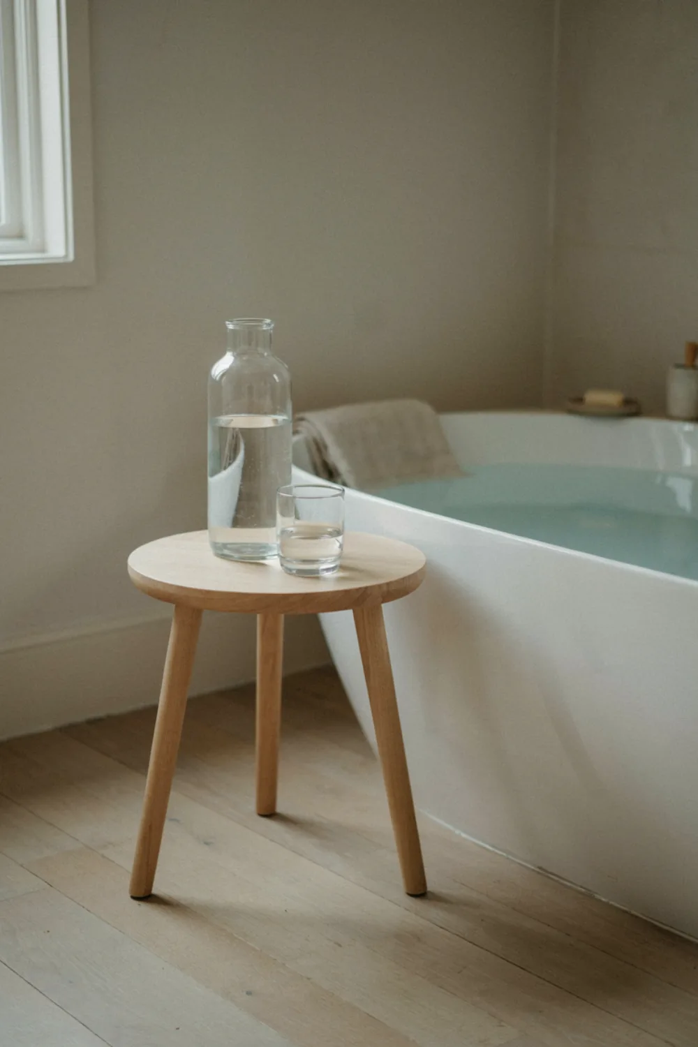 Spa-style bathroom with plants and candles: place a Carafe and Glass Beside the Tub