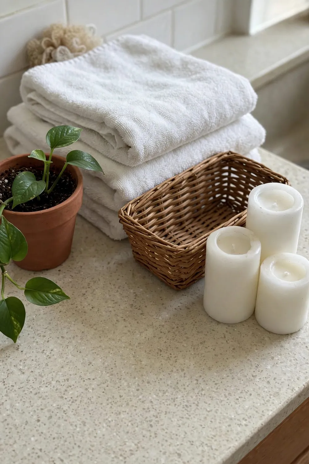 Spa-style bathroom with plants and candles: stack Spa Towels on a Stool With a Book on Top