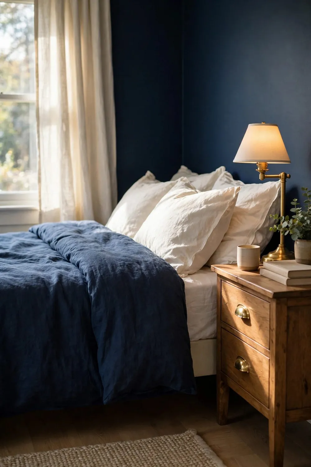Bedroom with a beautiful color combination: navy & Warm White (With Brass)