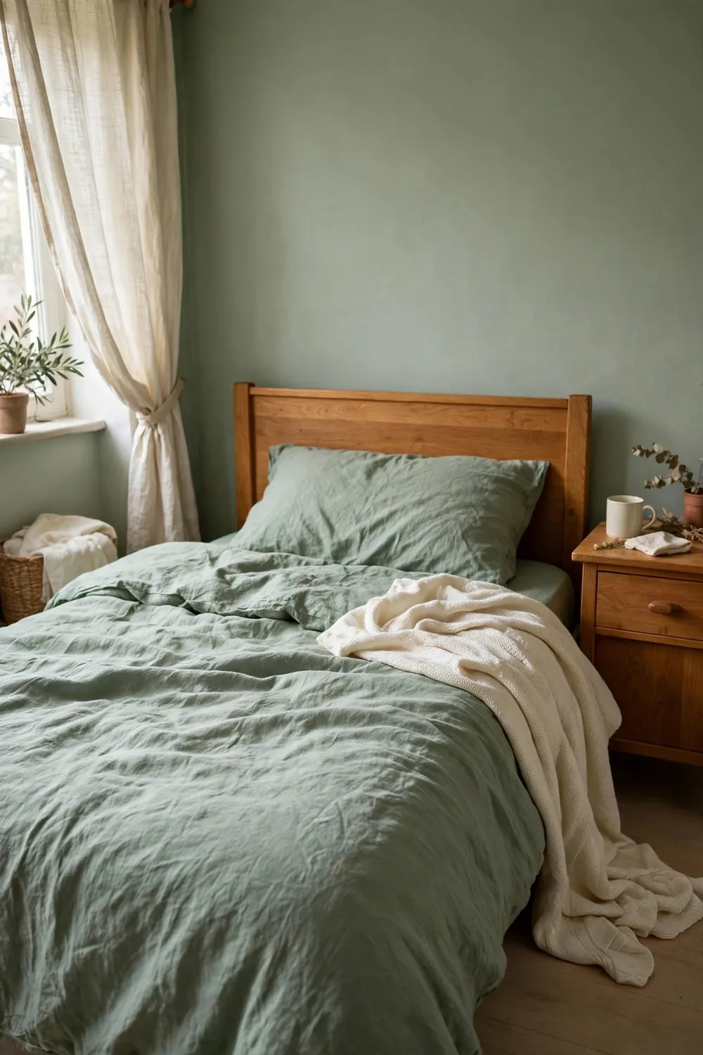 Bedroom with a beautiful color combination: sage Green & Cream (With Warm Wood)