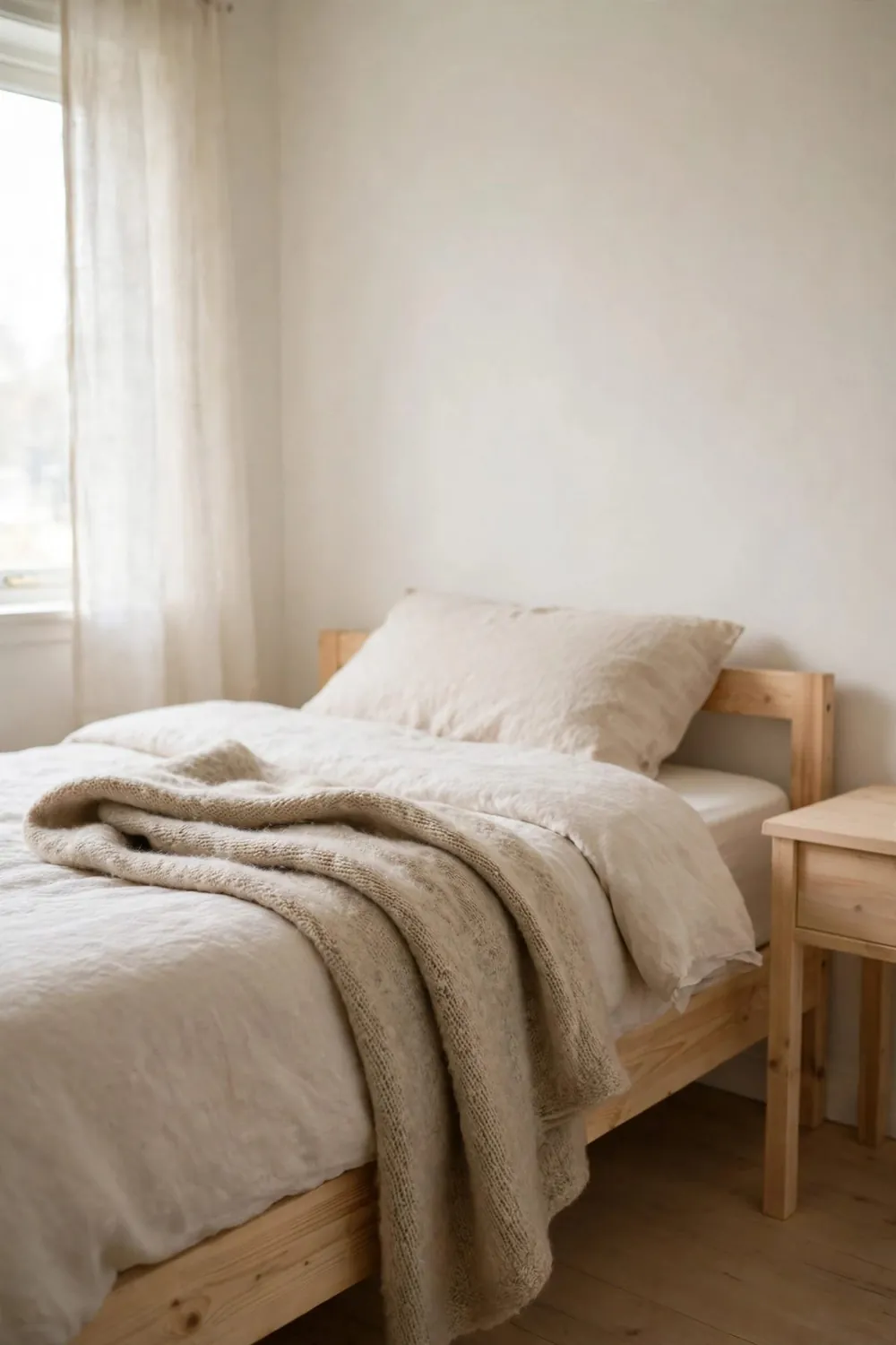 Bedroom with a beautiful color combination: warm White & Natural Wood (Scandi Calm)