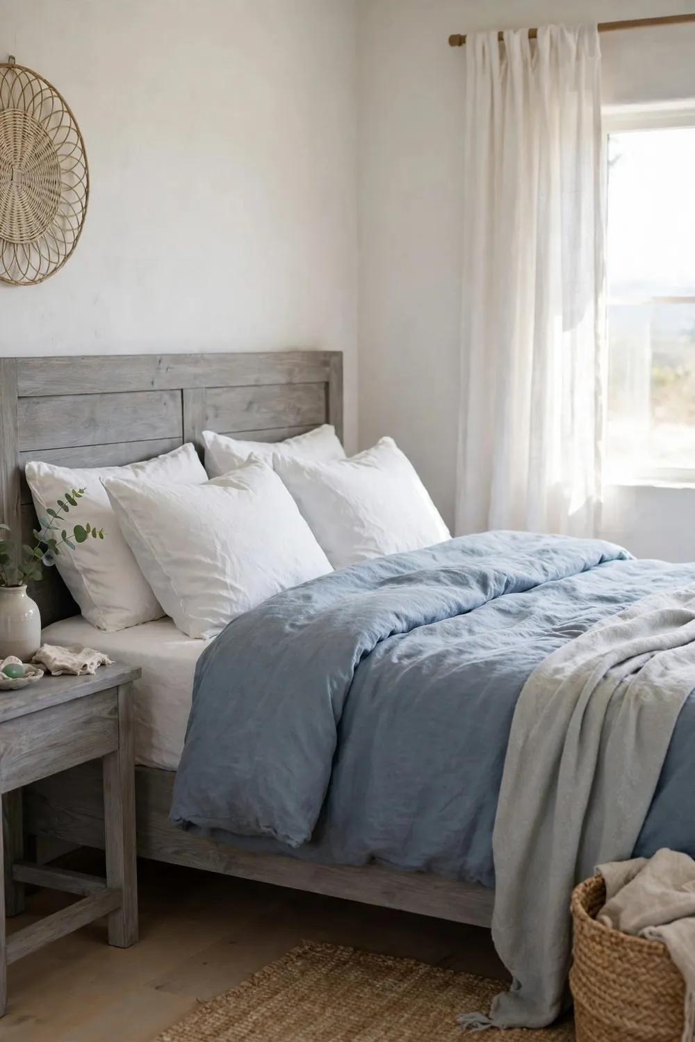 Bedroom with a beautiful color combination: dusty Blue & Soft White (With Pale Grey)