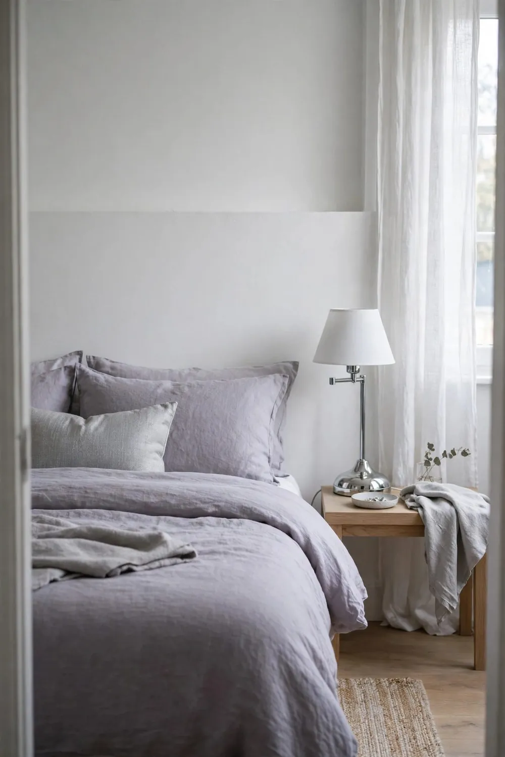 Bedroom with a beautiful color combination: lavender-Grey & White (With Silver or Chrome)