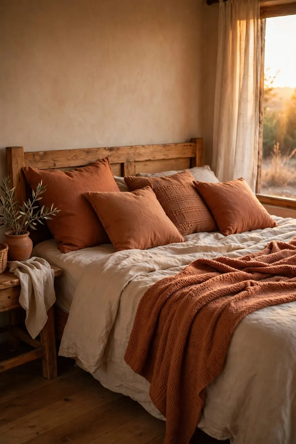 Bedroom with a beautiful color combination: terracotta & Sand (With Cream and Wood)