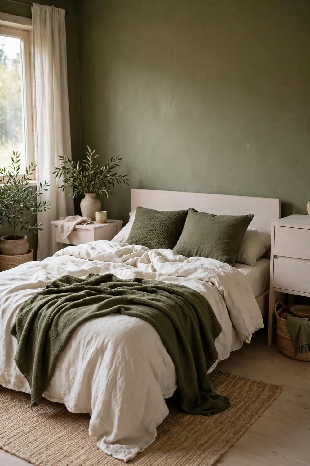 Bedroom with a beautiful color combination: olive Green & Warm Off-White (With Pale Wood)