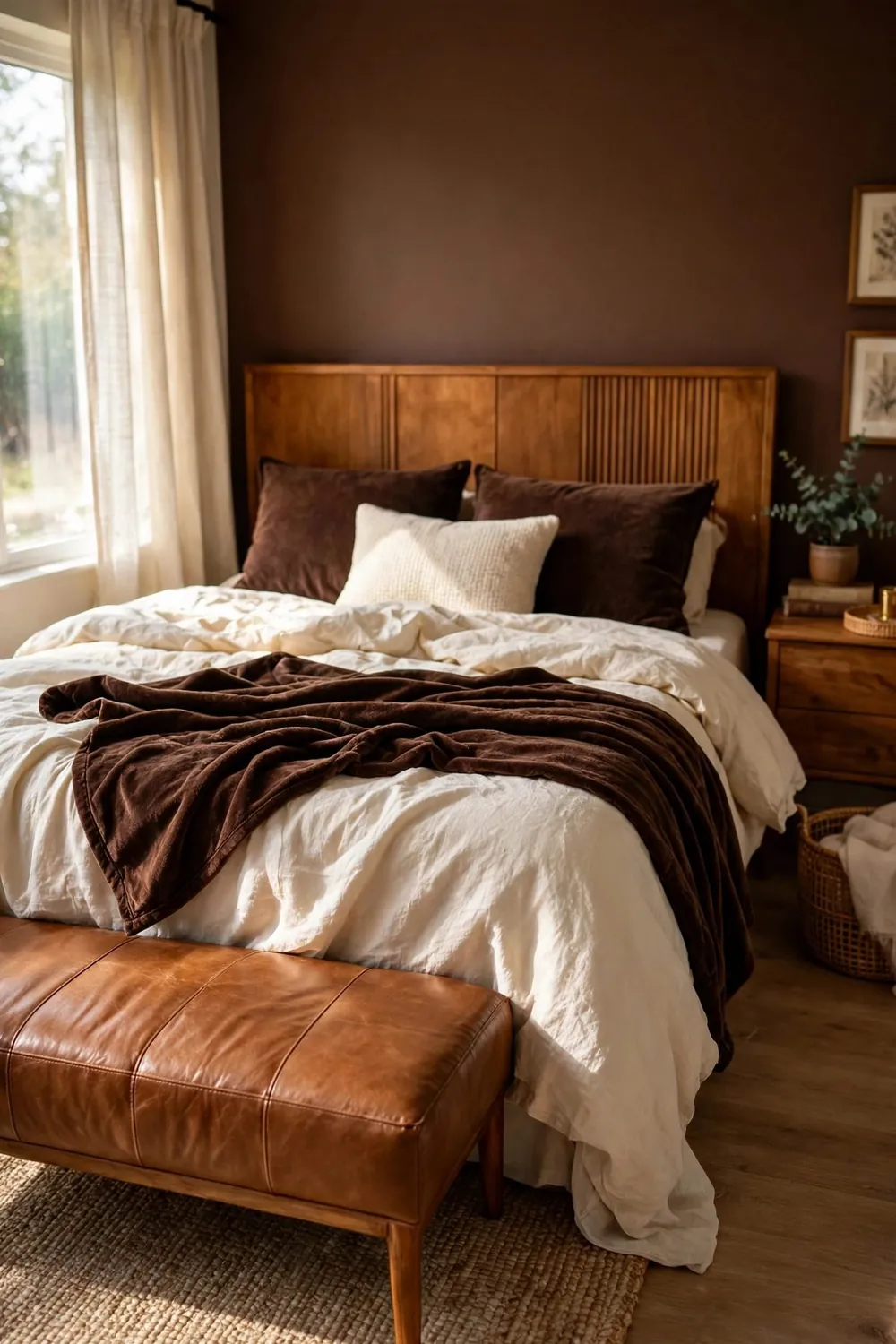 Bedroom with a beautiful color combination: chocolate Brown & Cream (With Caramel Leather or Wood)