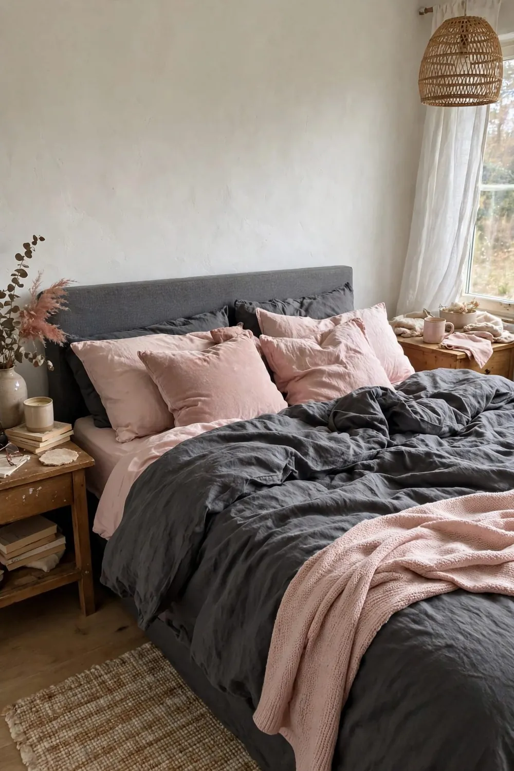 Bedroom with a beautiful color combination: charcoal & Blush (With Warm White)