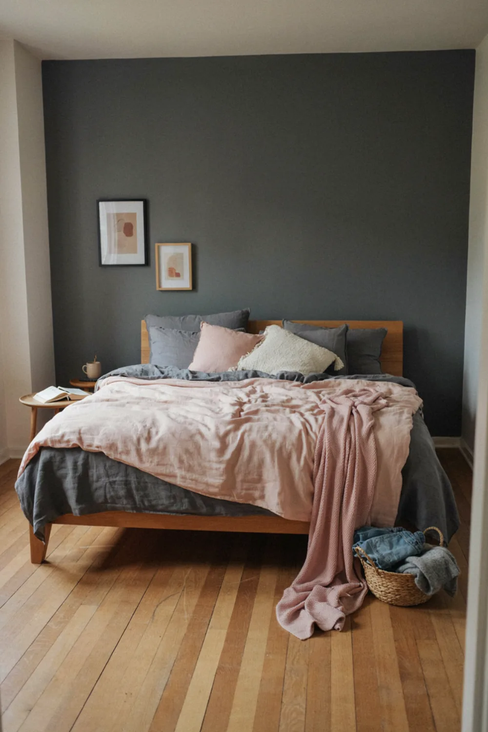 Bedroom with a beautiful color combination: blush Pink & Charcoal: Soft Meets Strong