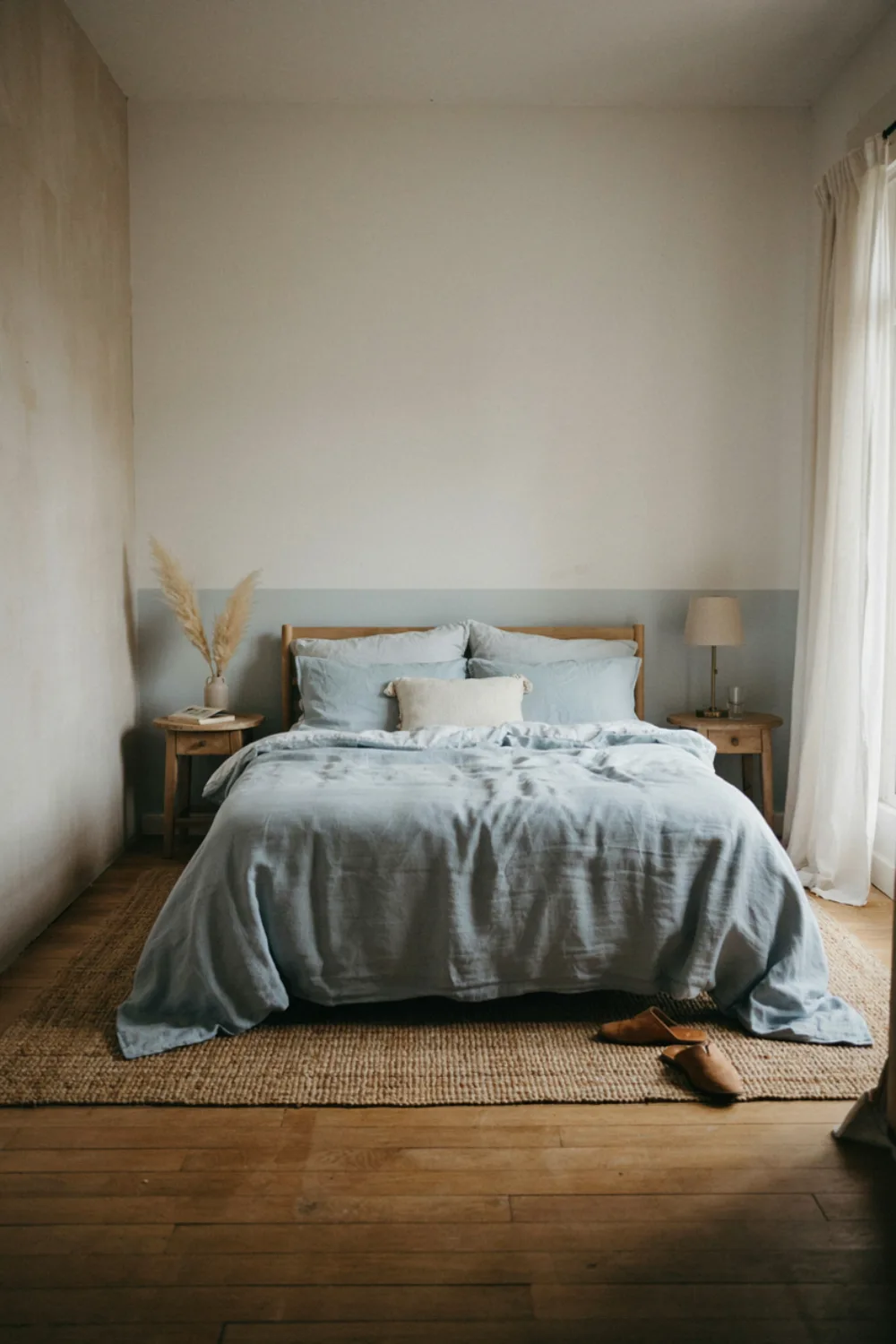 Bedroom with a beautiful color combination: pale Blue & Warm White: Coastal Quiet