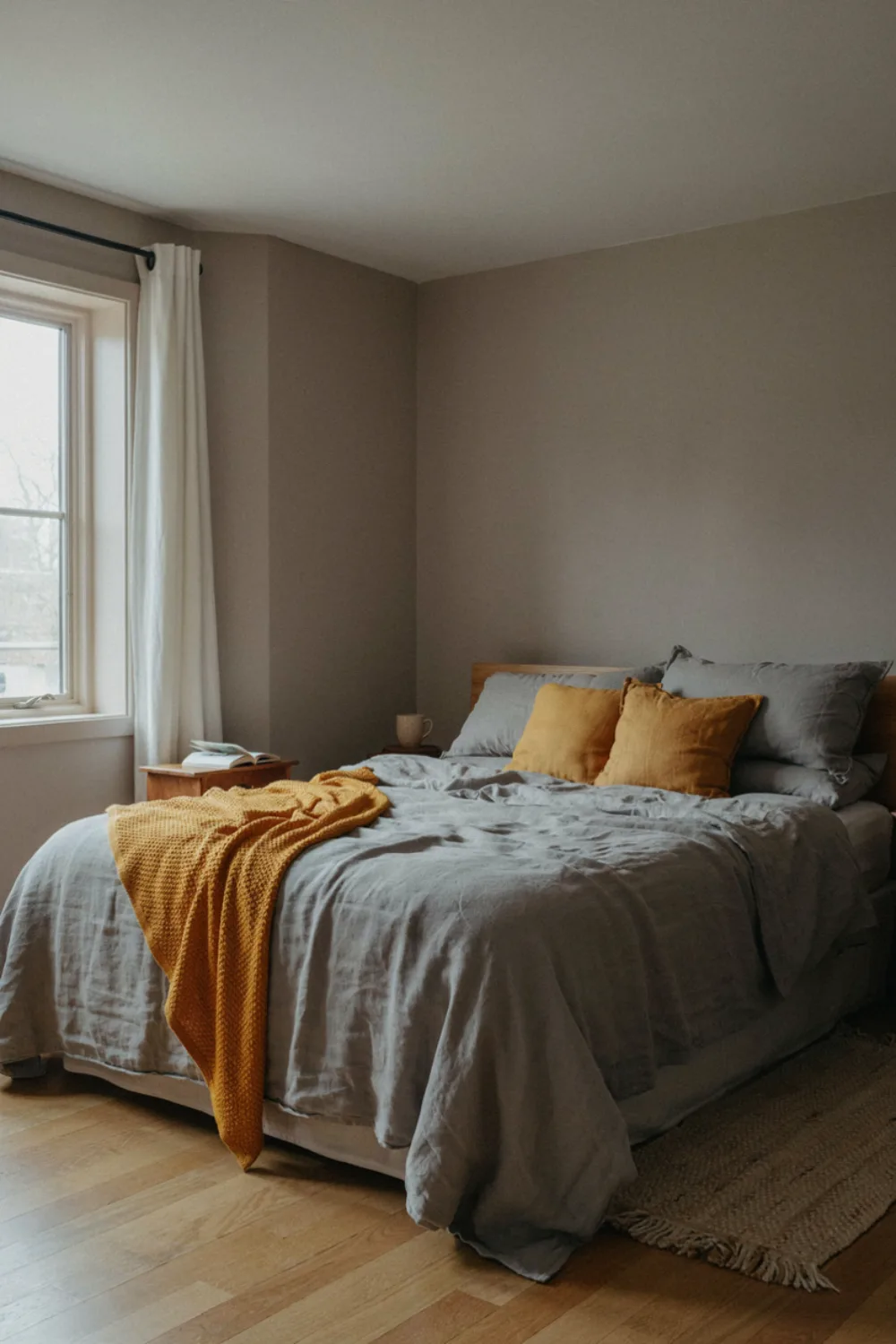 Bedroom with a beautiful color combination: mustard & Grey: Warmth Without Noise