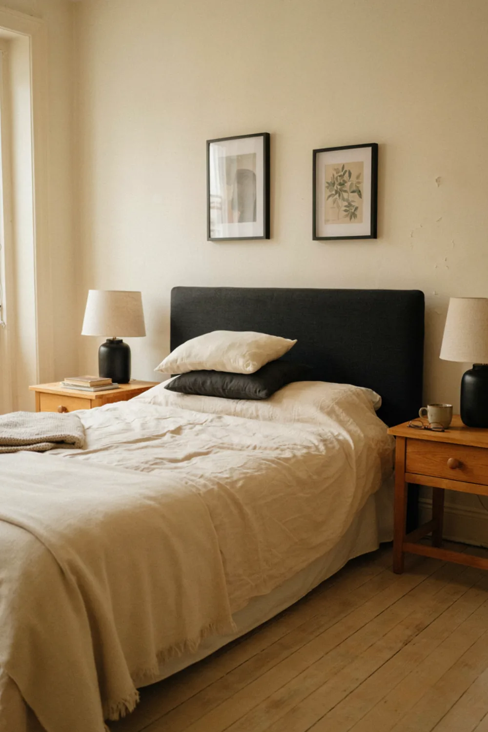 Bedroom with a beautiful color combination: black & Natural Wood: Modern Contrast