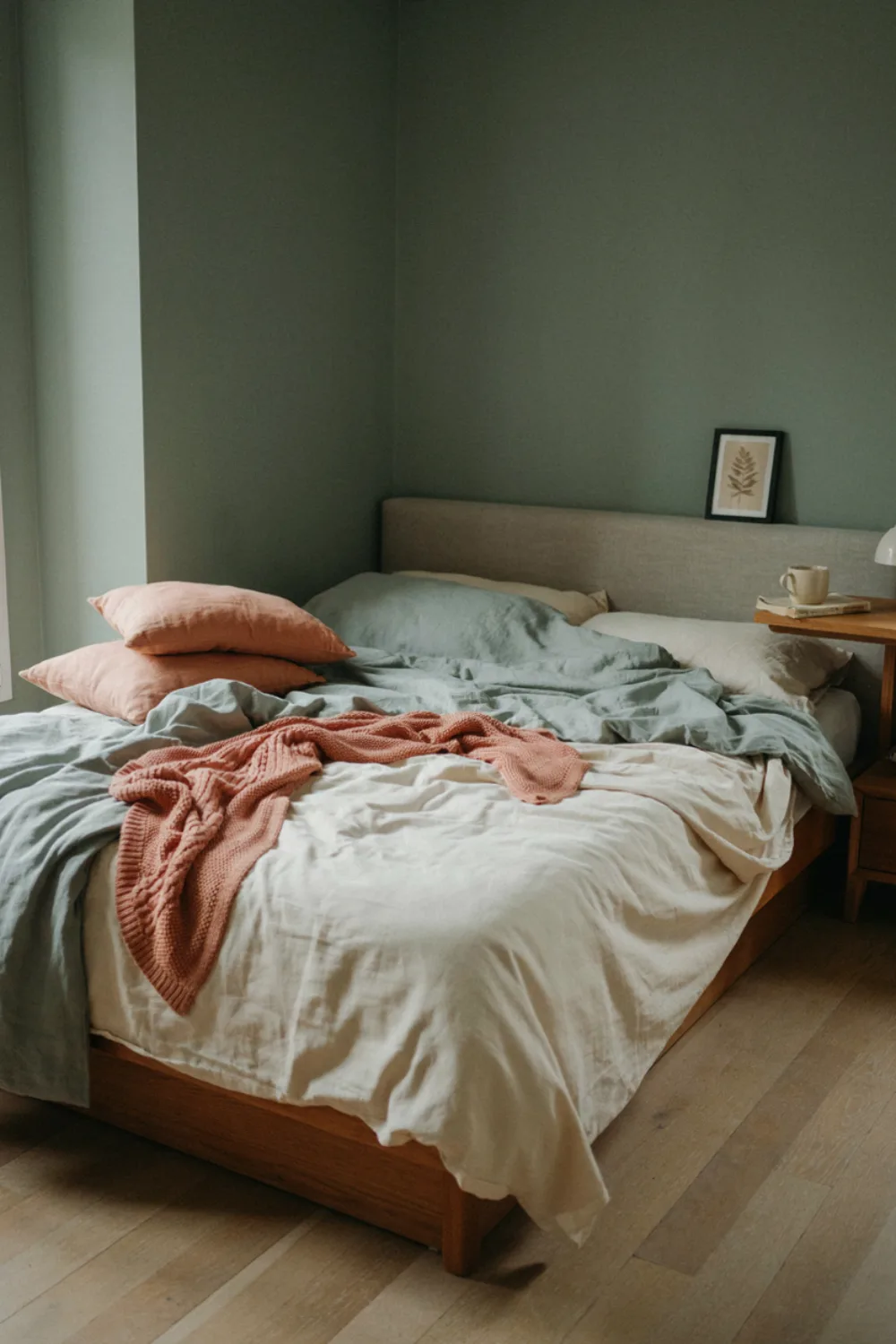 Bedroom with a beautiful color combination: peach & Sage: The Soft Garden Pairing
