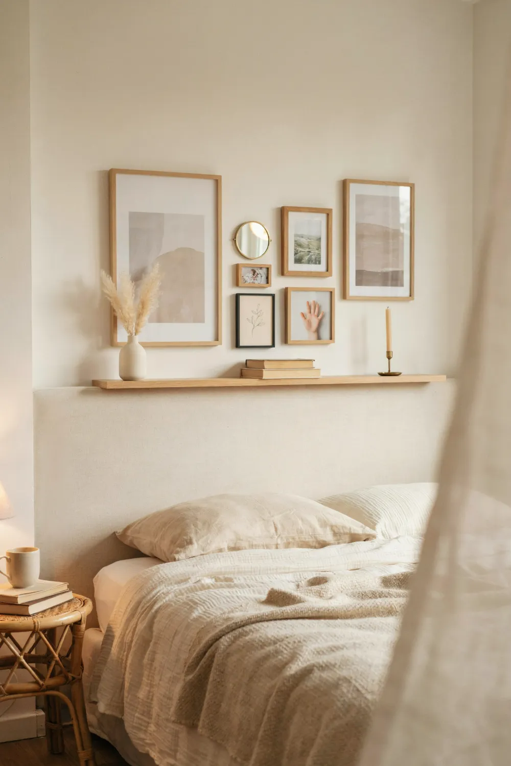 Gallery wall of neutral art prints and photos on a ledge above the bed