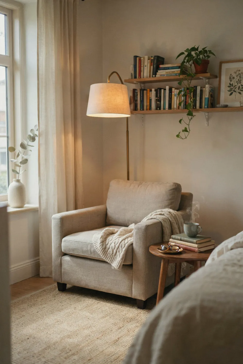 Cozy bedroom reading nook with armchair, knit blanket and floor lamp