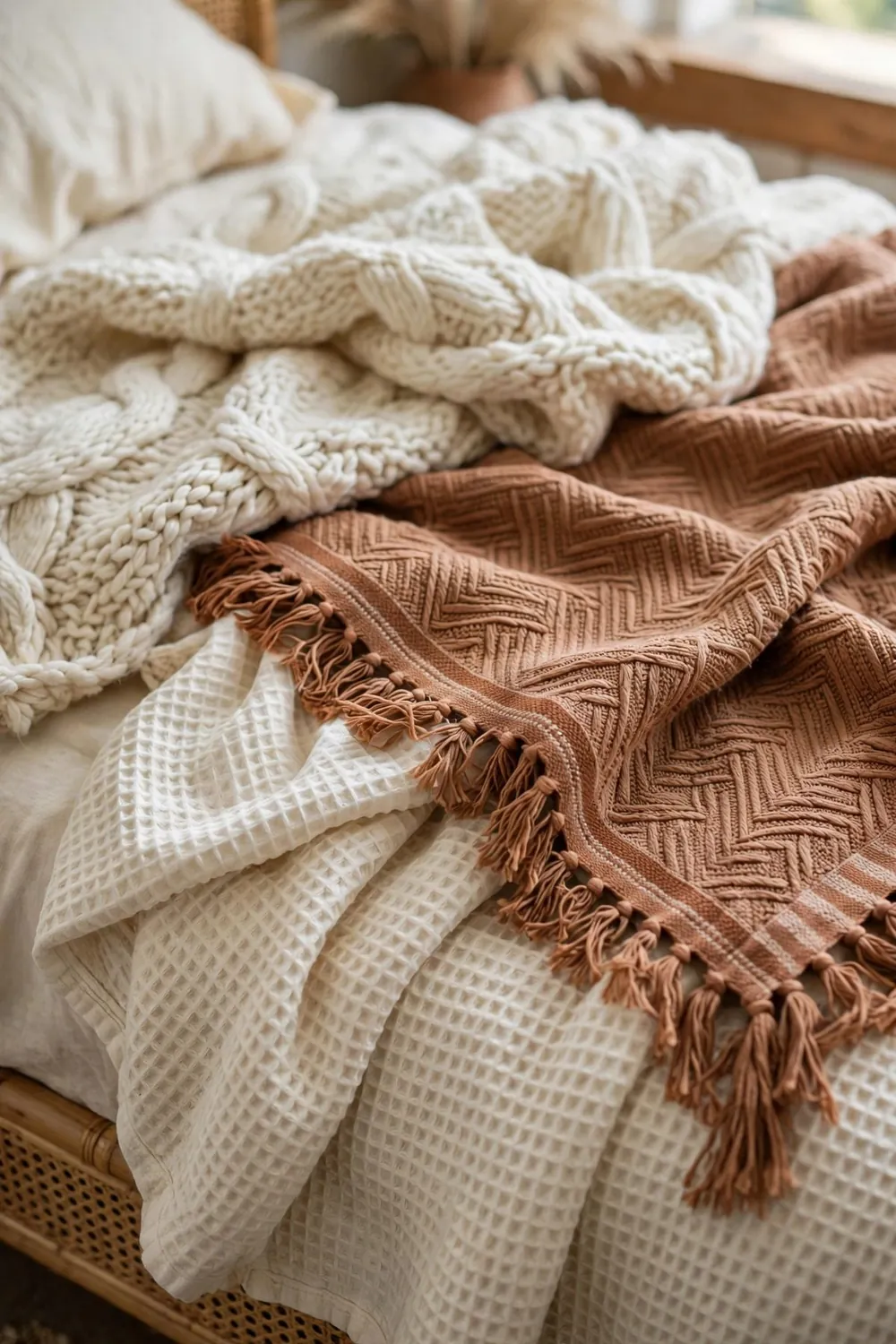 Small cozy boho bedroom: layer Three Textiles With Different Textures