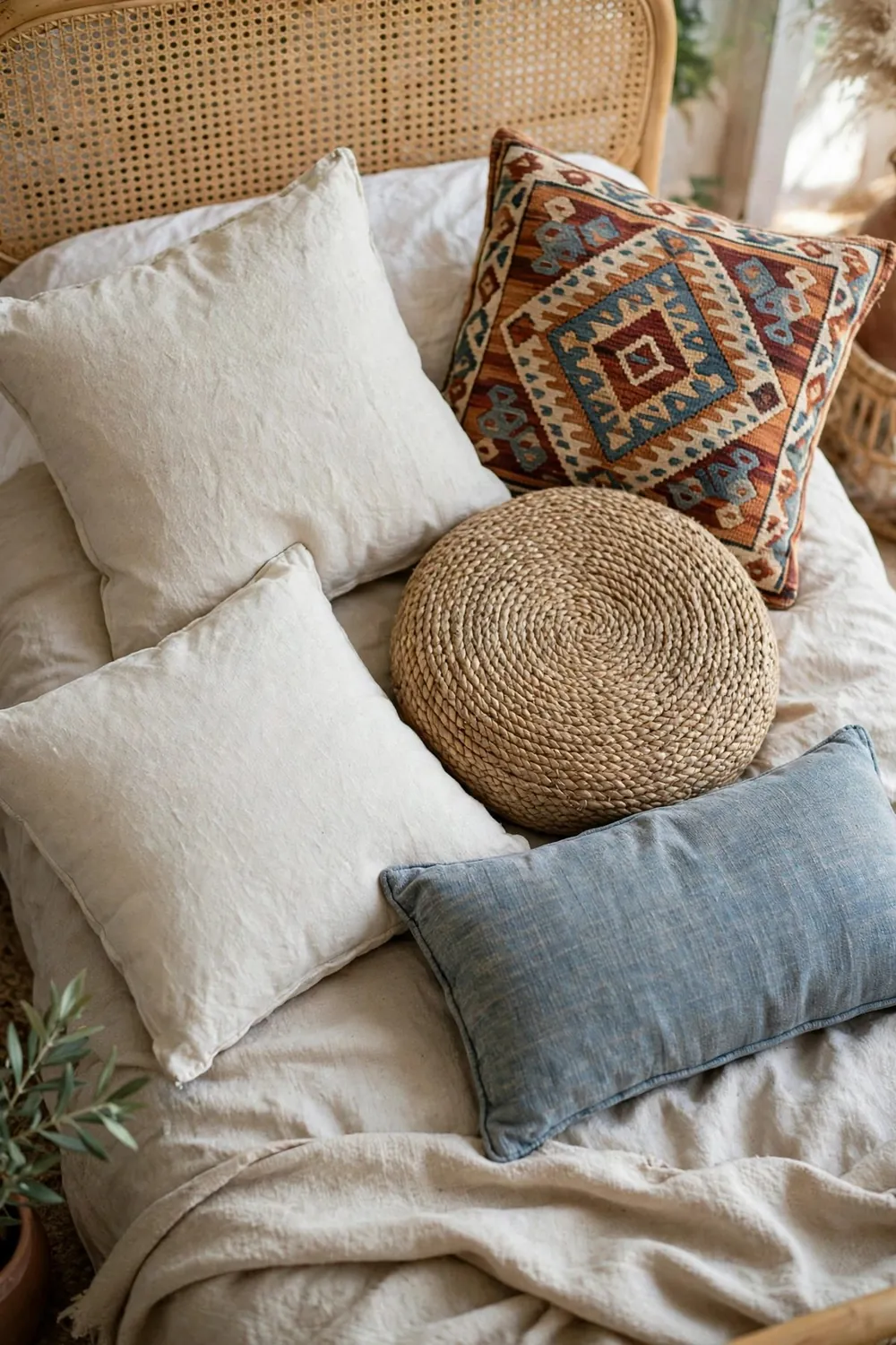Small cozy boho bedroom: mix Cushions — But Cap the Count