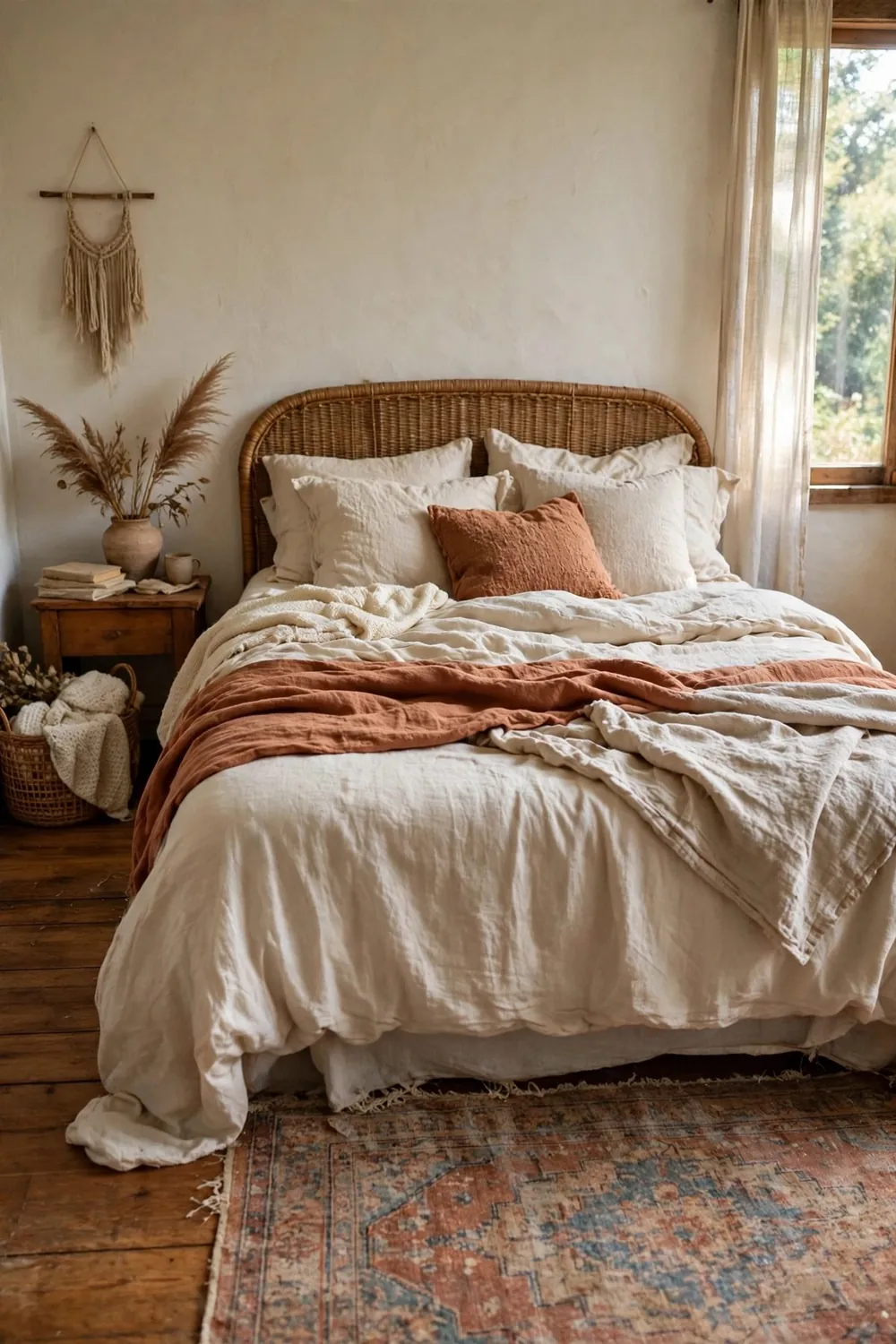 Small boho bedroom showing a faded vintage-style rug under the bed and a woven rattan headboard with layered bedding