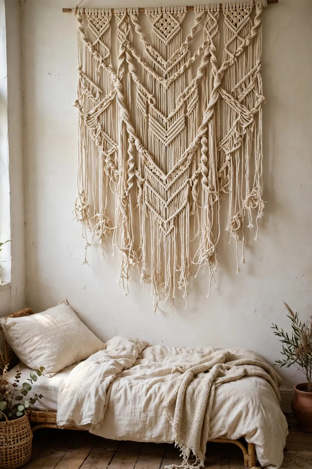 Small cozy boho bedroom: hang One Statement Macrame or Tapestry