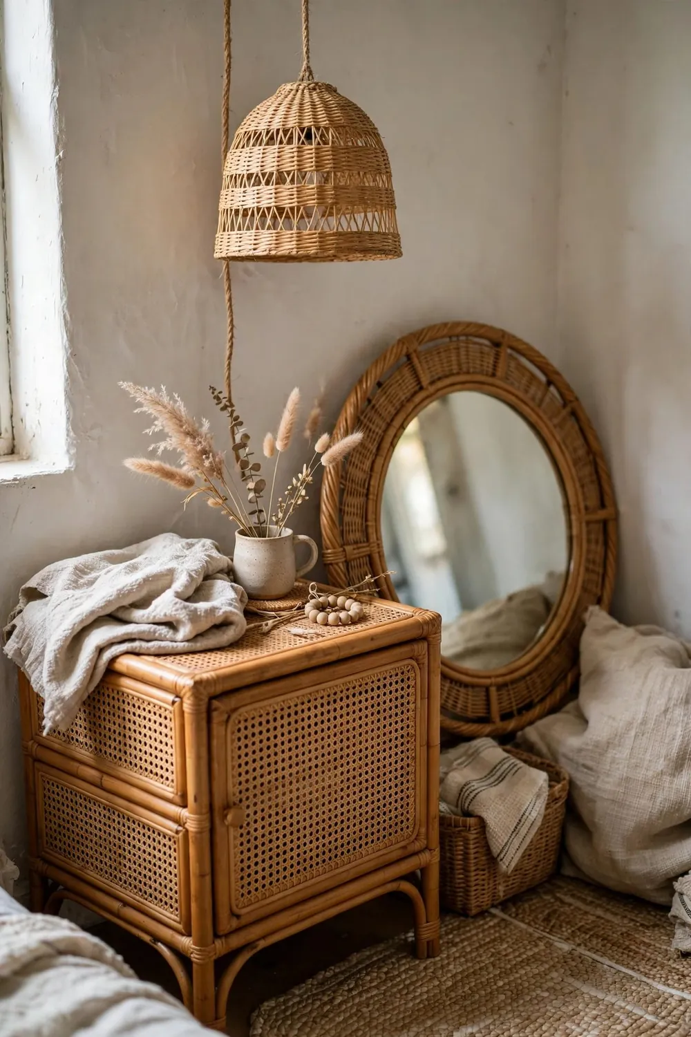 Small cozy boho bedroom: bring in Rattan and Cane Wherever Possible