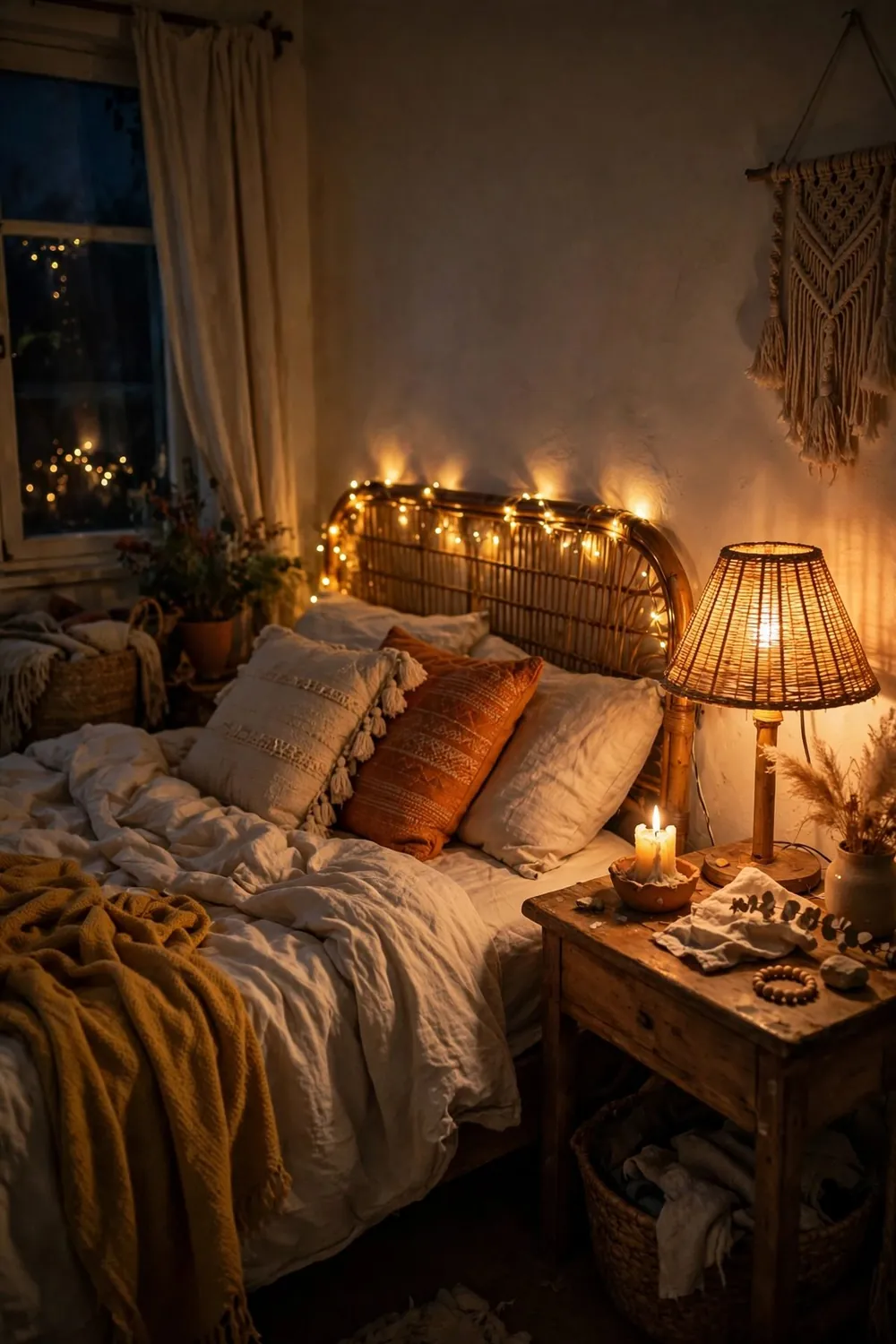 Small cozy boho bedroom: light It Low, Warm, and Layered