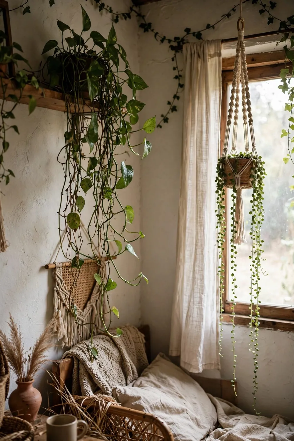 Small cozy boho bedroom: let Plants Trail From High Places