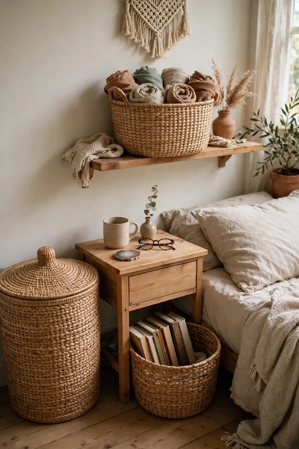 Small cozy boho bedroom: make Baskets Your Entire Storage System