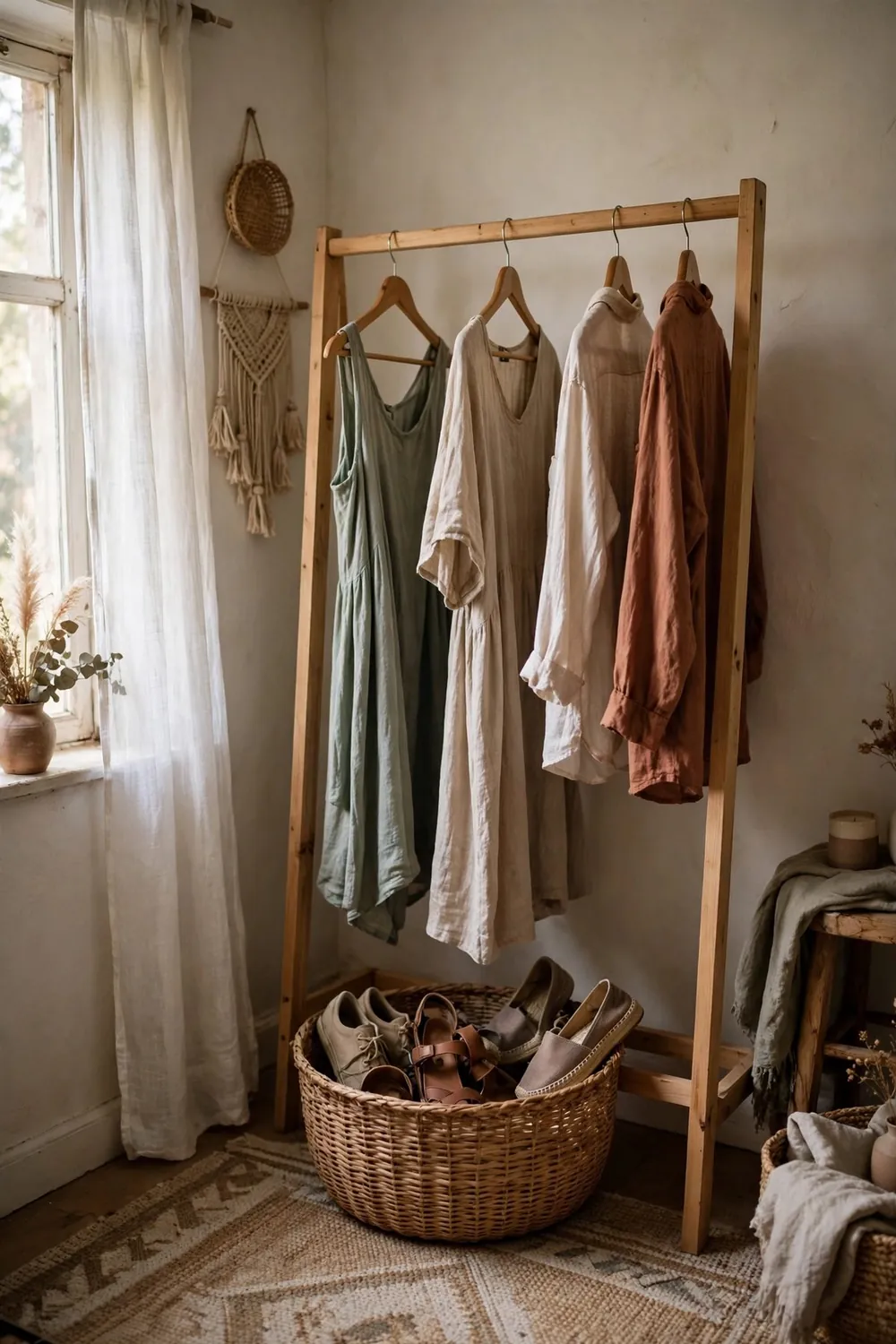 Small cozy boho bedroom: use a Clothing Rail Instead of a Bulky Wardrobe