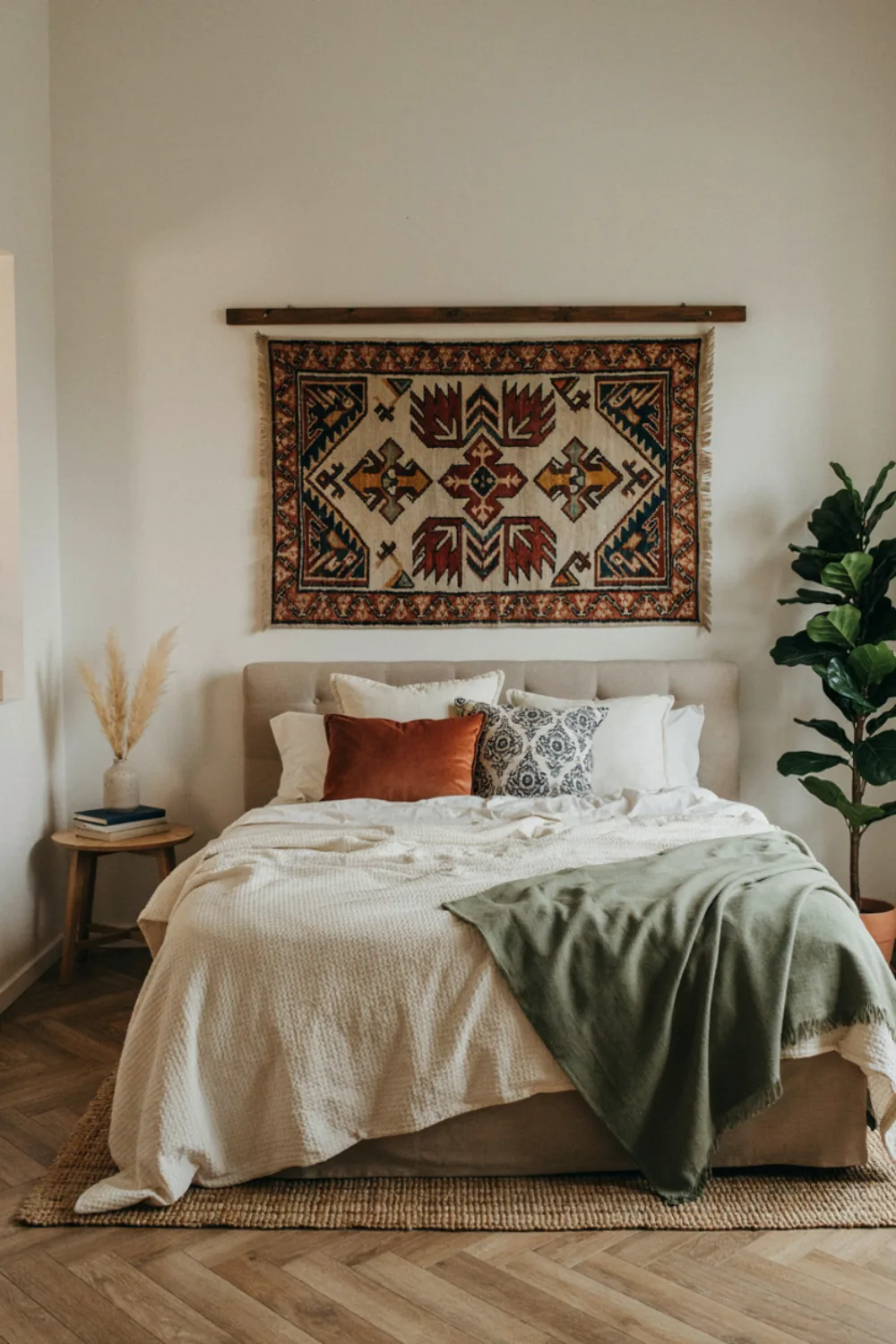 Small cozy boho bedroom: use a Vintage Rug as a Wall Hanging