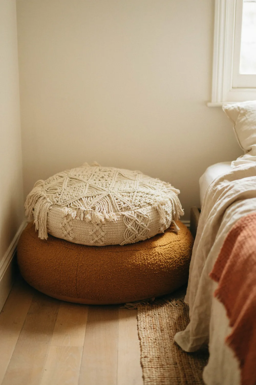 Small cozy boho bedroom: add Floor Cushions That Stack Away