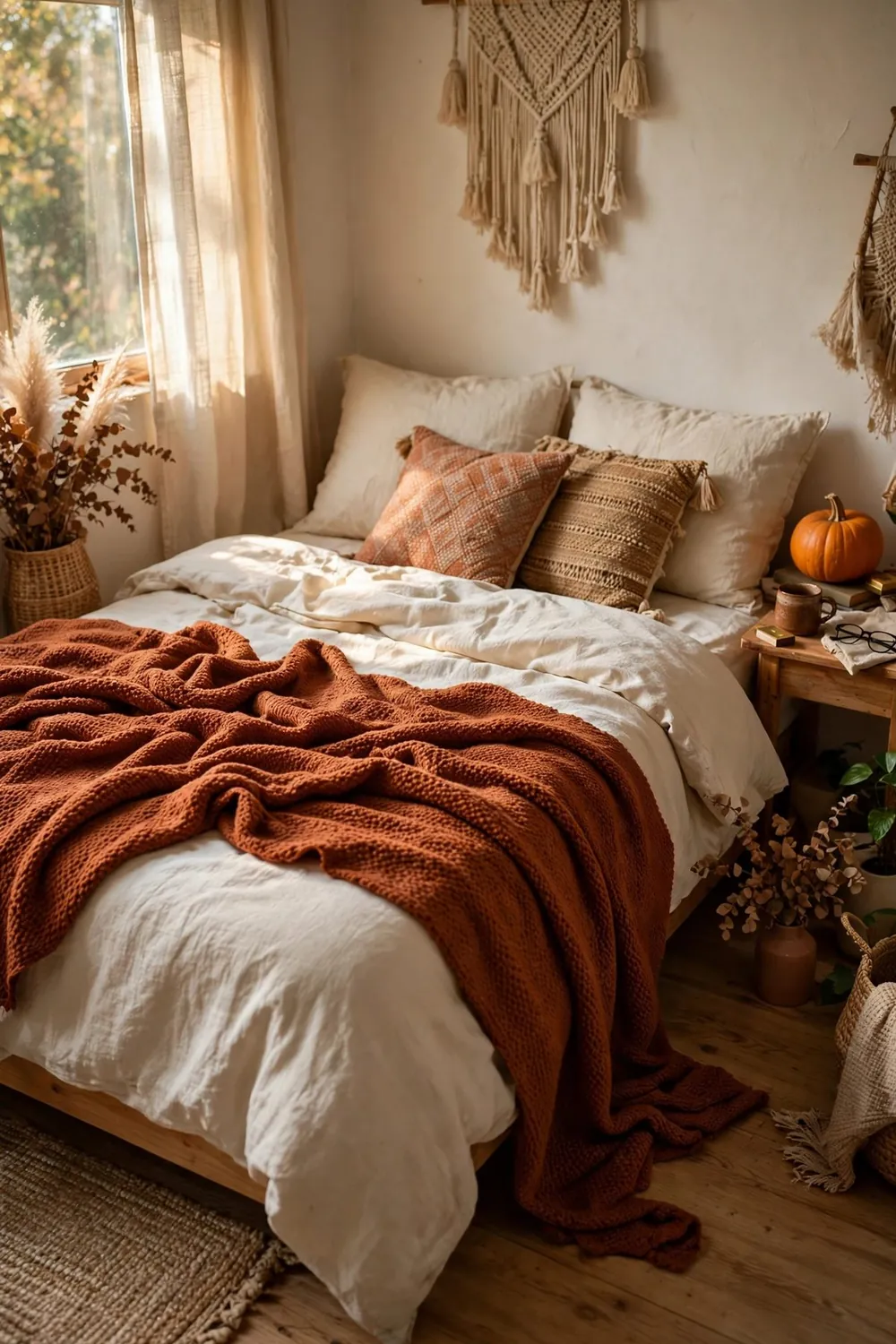 Small cozy boho bedroom: mix Patterned Cushions in One Color Family
