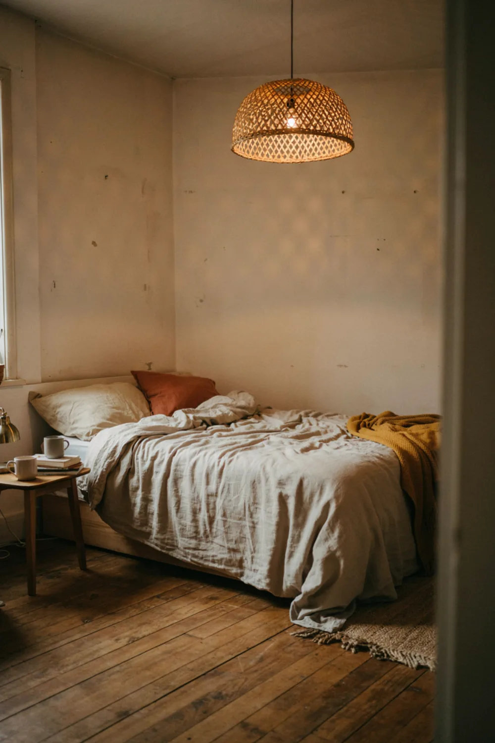 Small cozy boho bedroom: soften the Light With a Rattan Shade