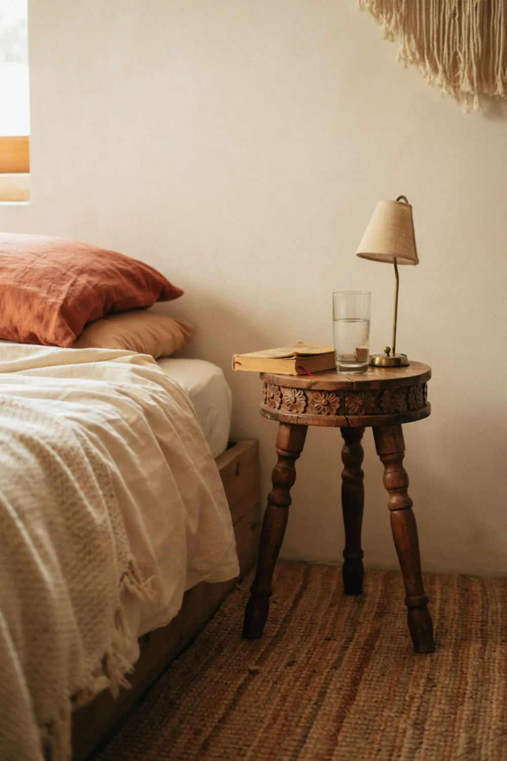 Small cozy boho bedroom: use a Carved Wood Stool as the Nightstand
