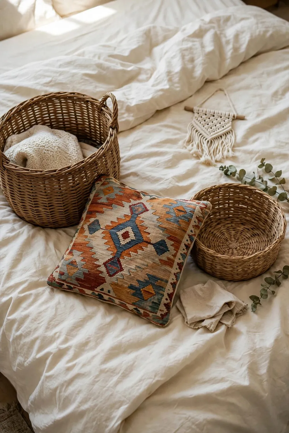 Small cozy boho bedroom: throw a Pattern Over Plain Bedding