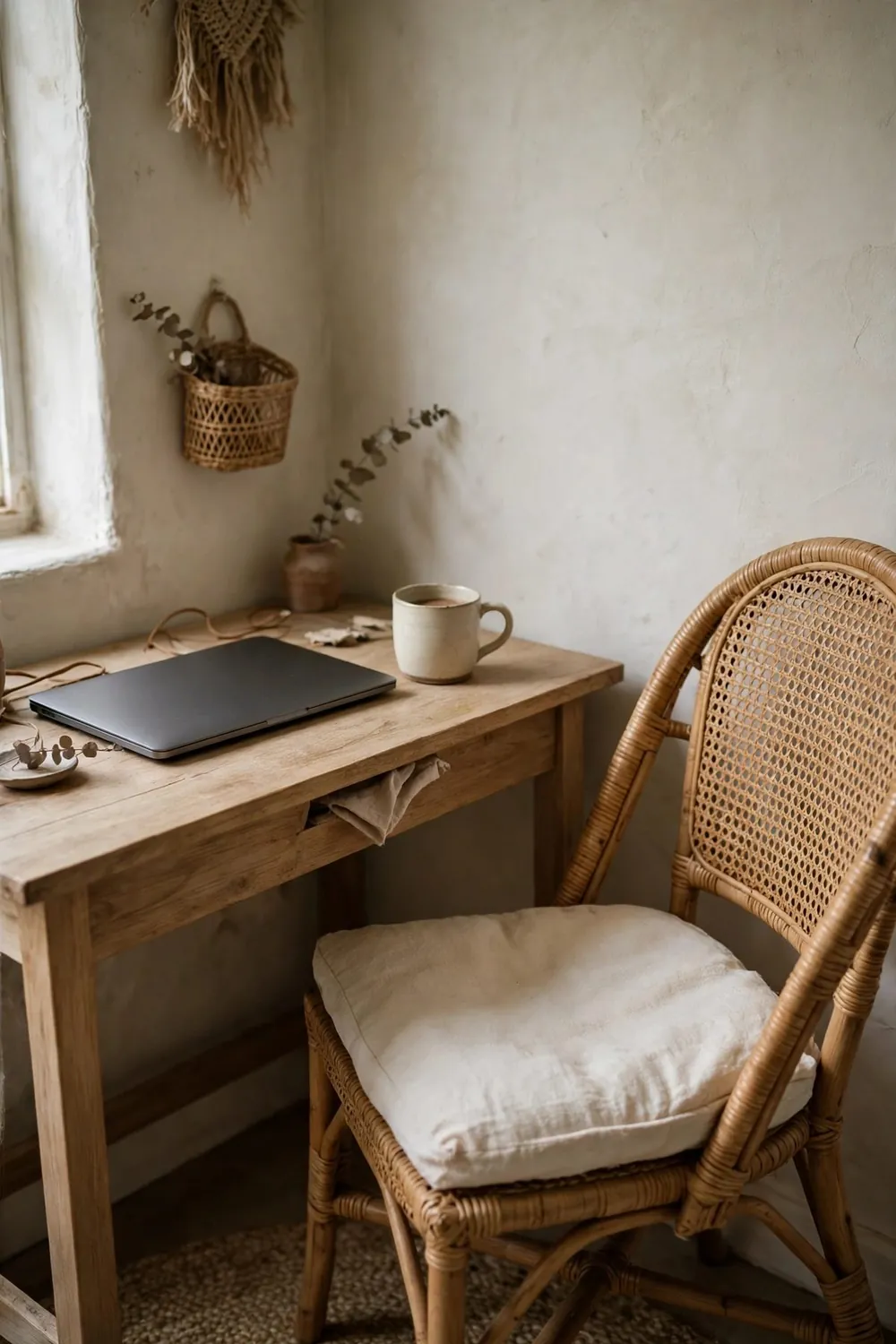 Cozy boho home office nook: start With a Wooden Desk and a Rattan or Cushioned Chair