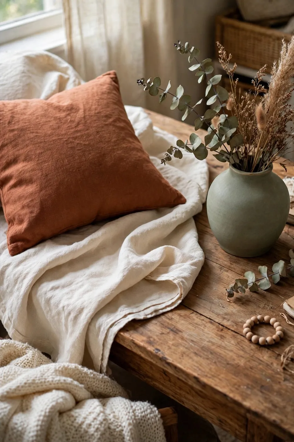Cozy boho home office nook: anchor the Palette: Cream, Wood, and Two Earthy Colors